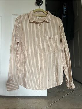 ‼️NWOT: Pact Organic Tan & Cream Striped Button Down Top - L